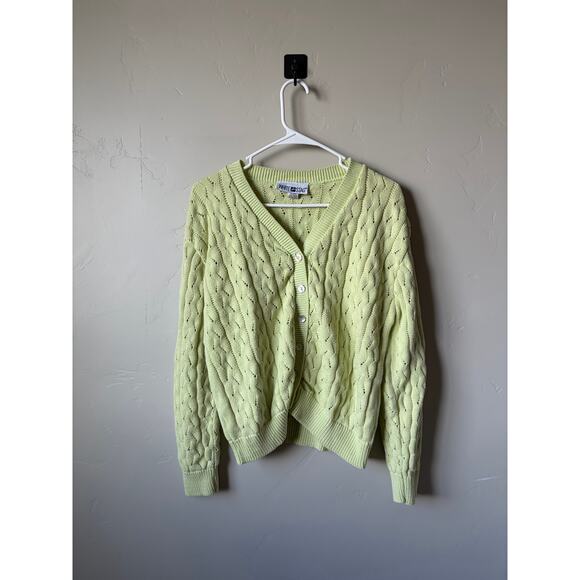 Light Green Cable Knit 100% Cotton Made in USA V Neck Cardigan- Size Large - Picture 5 of 7